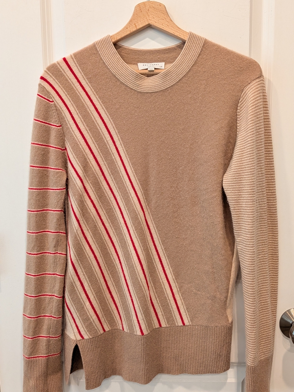 Equipment Eletra Sweater 100% Cashmere Womens Size L Stripe Beige Red